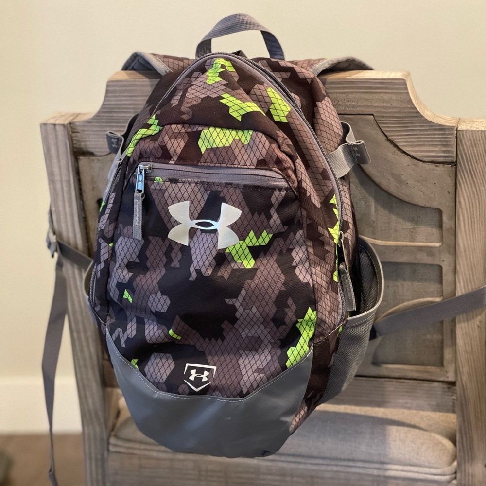 UA tball or baseball green and grey bag.